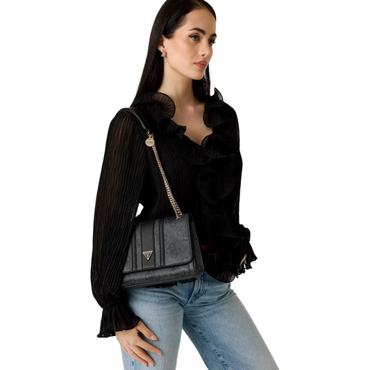 Borsa a Spalla Grigia Donna Guess Elsie; Similpelle monogram in rilievo con patta, cerniera lampo e dettagli oro. Tracolla in catena e finitura lussuosa quattro stagioni. 