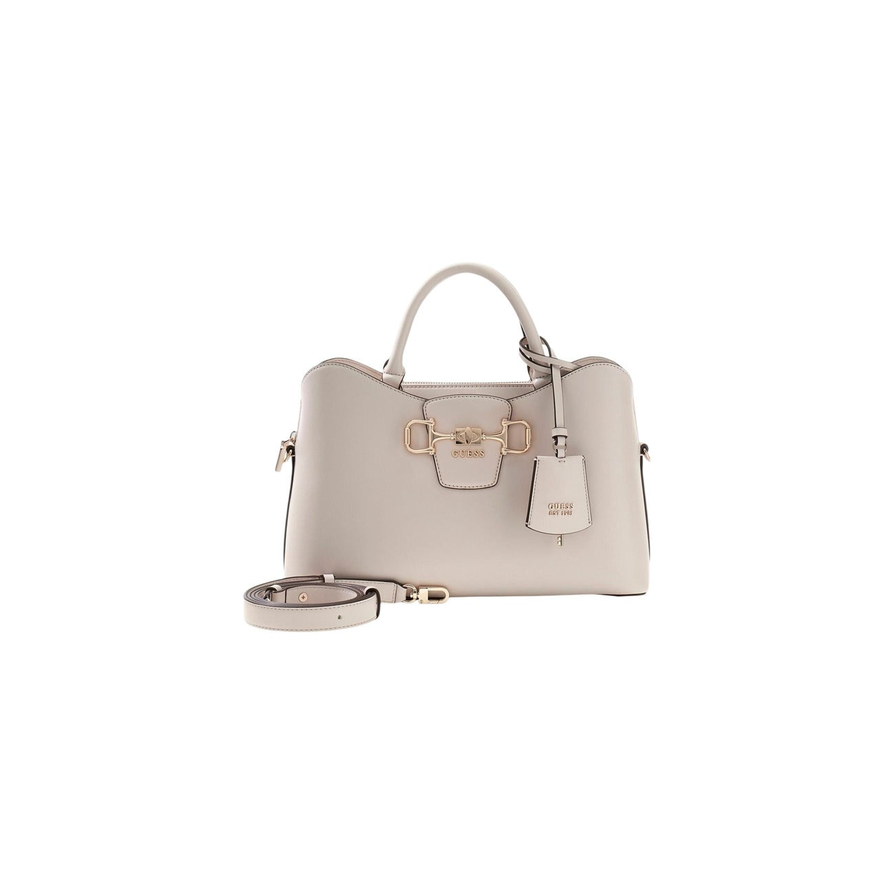 borsa a mano Guess Janie Girlfriend Satchel in ecopelle bianco vista frontale con tracolla 