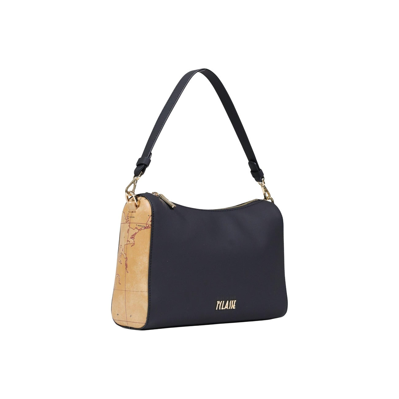 Borsa Media Alviero Martini; Nero/Geo Classic. Chiusura con zip dorata, tracolla regolabile con moschettone, interni organizzati. Dimensioni 19x10x10 cm. Stile casual-raffinato per ogni stagione. Vista frontale laterale 