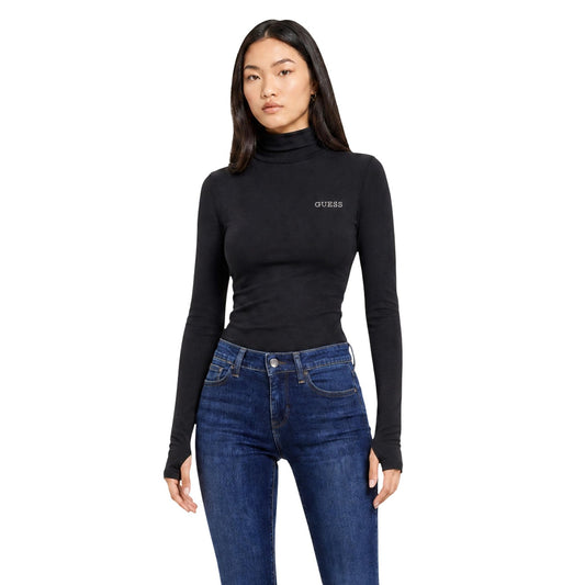 Maglia nera maniche lunghe collo alto donna Guess Greta V6BP11 K6907. T-shirt aderente in cotone modal con foro per i pollici ai polsi e logo Guess.