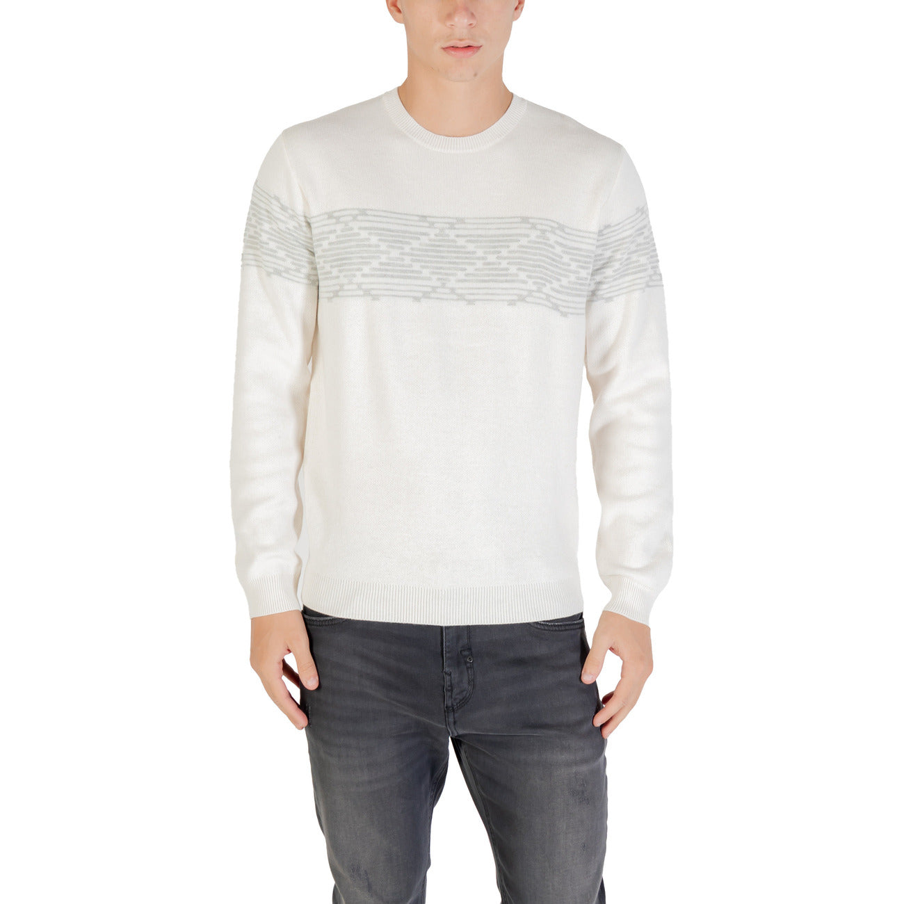 Antony Morato Maglioncino Uomo Bianco con Stampa Maniche Lunghe Scollo Tondo in Poliestere 42% Acrilico 25% Poliammide 22% Lana 11% MMSW01566-YA401141