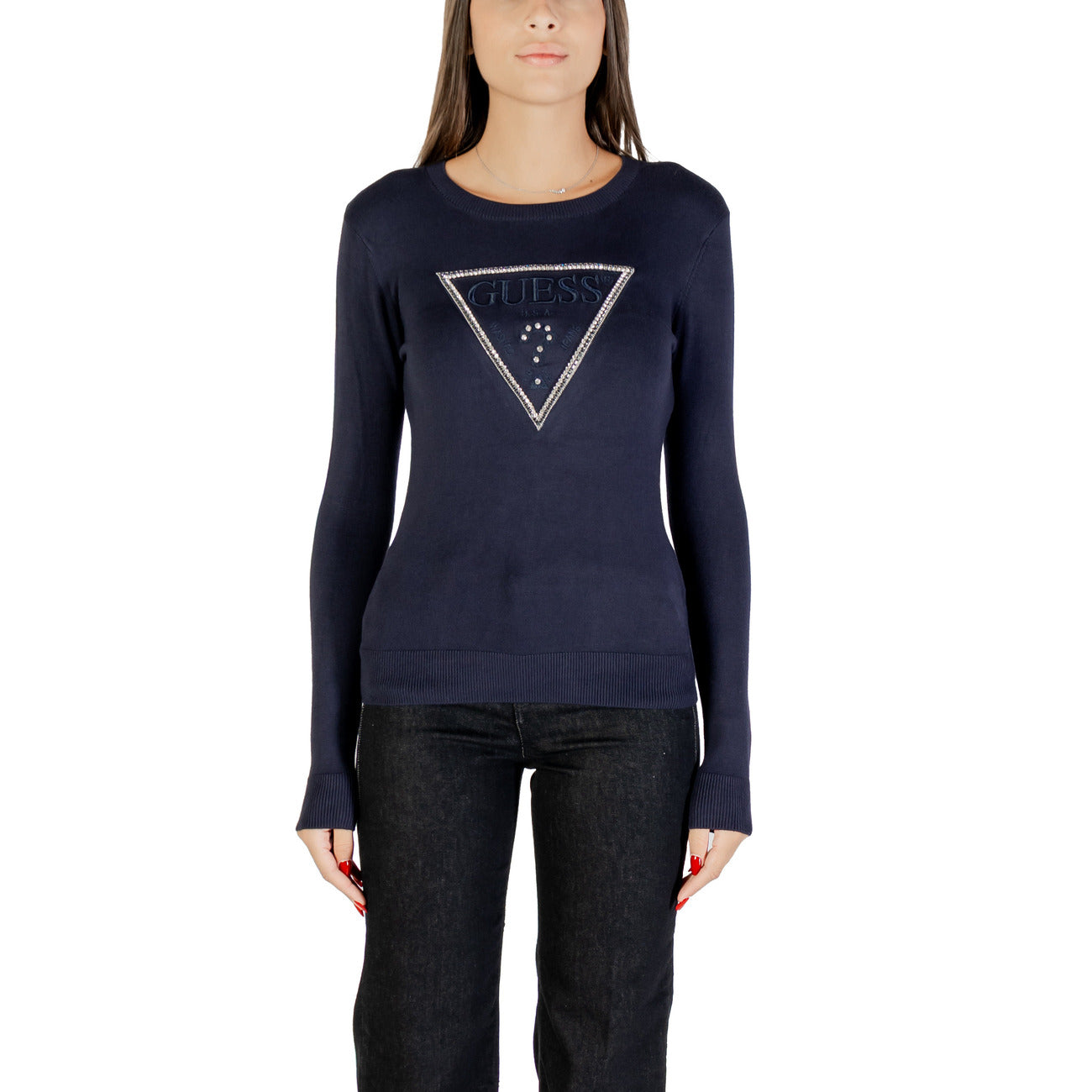 Guess Maglia Donna Blu con Stampa Strass Maniche Lunghe Scollo Tondo - Maglia Viscosa Poliammide Elastan