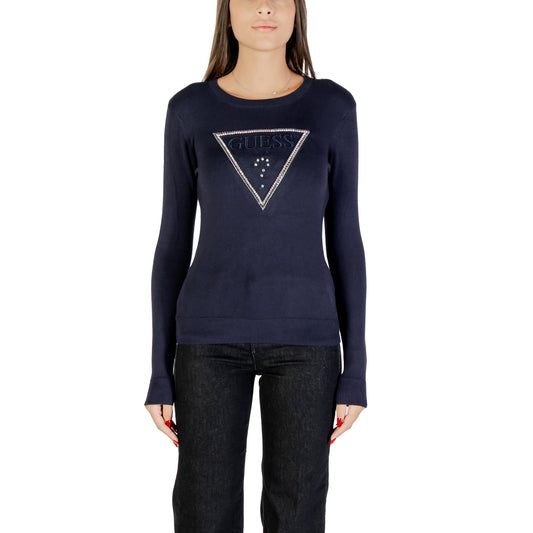 Guess Maglia Donna Blu con Stampa Strass Maniche Lunghe Scollo Tondo - Maglia Viscosa Poliammide Elastan