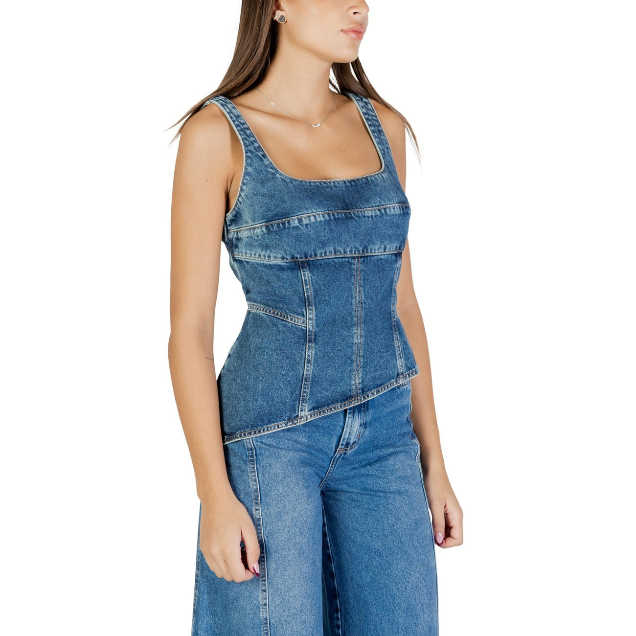 Colcci Top Donna Azzurro Spalline Scollo Quadrato Cerniera Laterale - Top Cotone