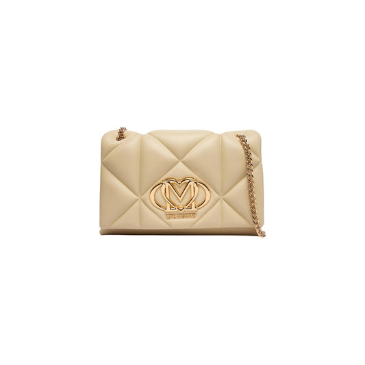 Borsa Love Moschino donna crema trapuntata modello JC4041PP1. Borsetta media a spalla trapuntata in ecopelle bianca con manici a catena oro e logo metallico dorato, stile elegante, casual chic e da cerimonia.