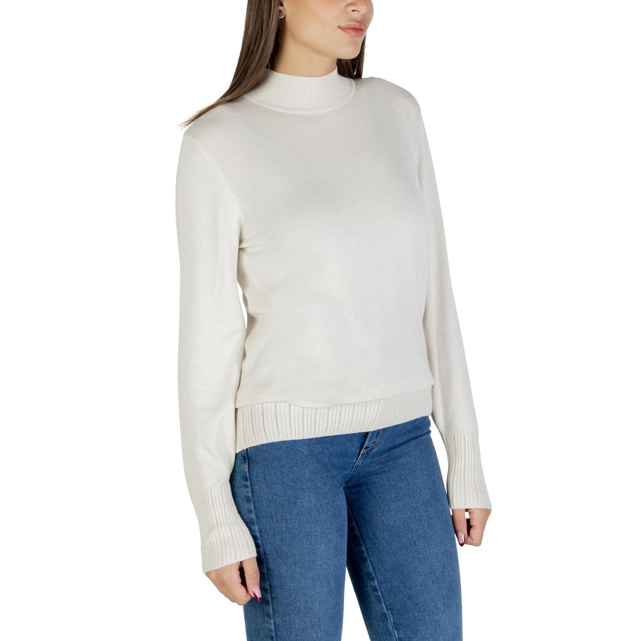 Ichi Maglioncino Donna Bianco Maniche Lunghe - Maglia Viscosa Nylon Scollo Alto