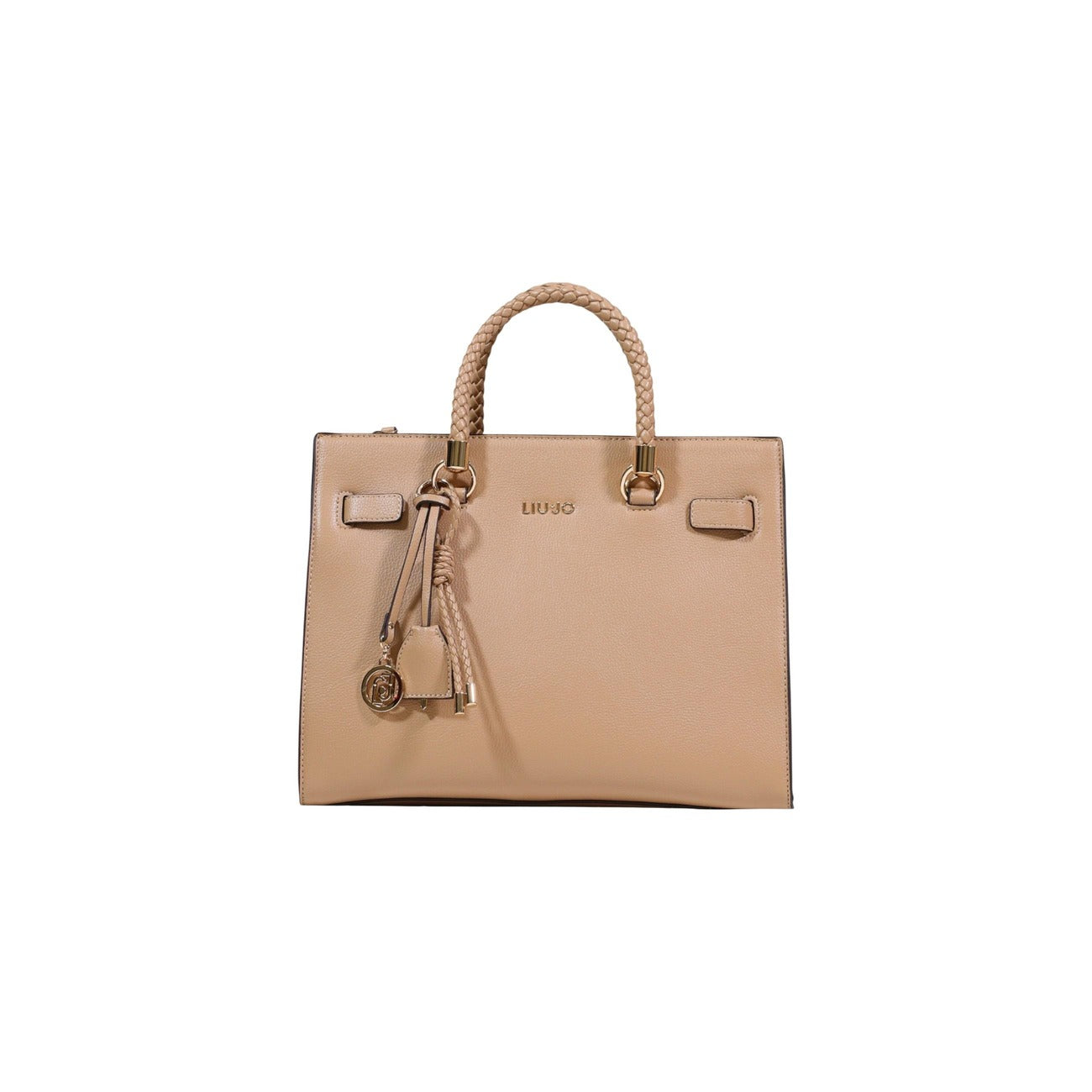 Liu Jo ECS Tote Bag; borsa beige media con manici intrecciati e hardware dorato. Capiente, versatile e rifinita con logo applicato, perfetta per completare outfit formali o casual. Vista frontale 