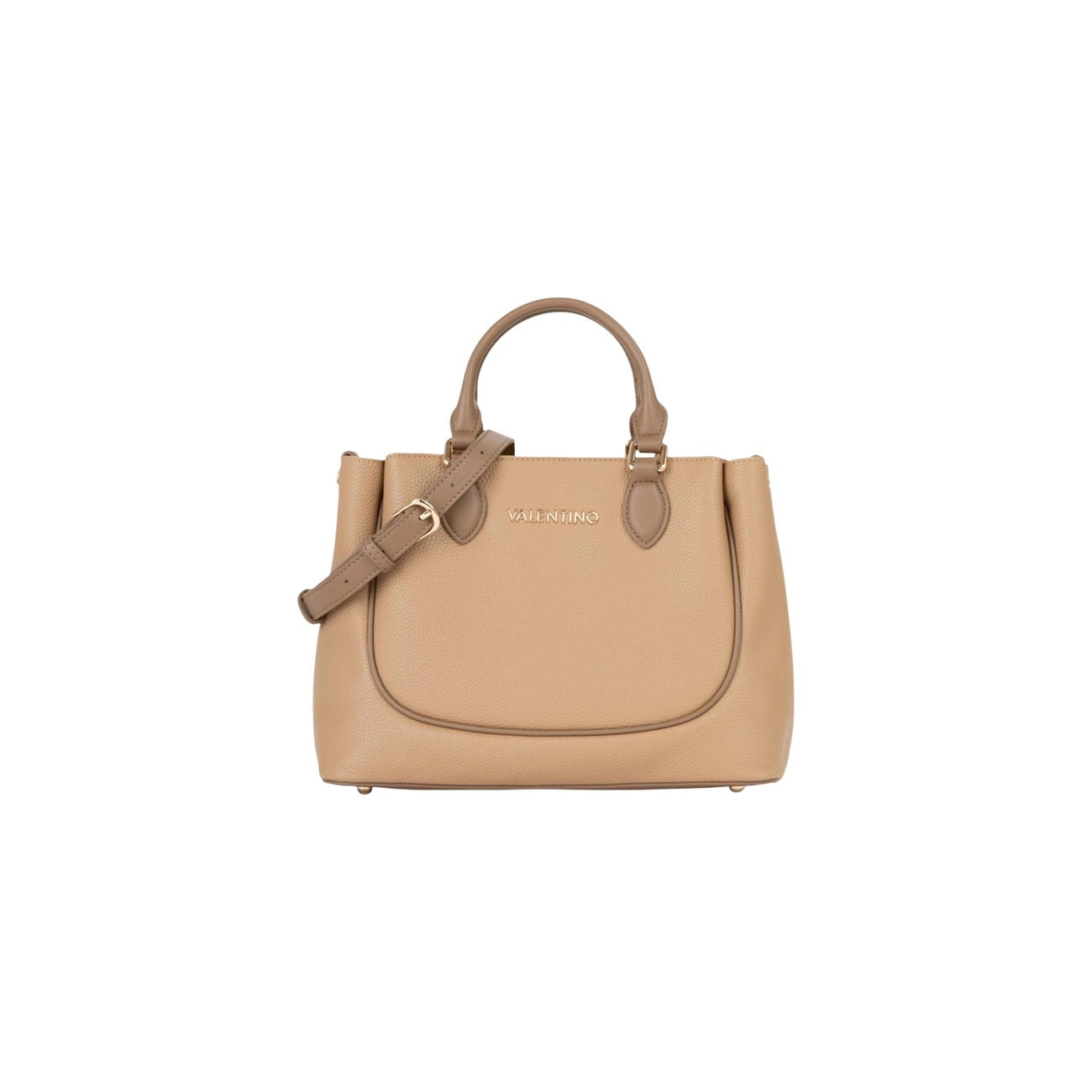 Valentino Bags Daphne RE Shopping Beige; 100% Poliuretano martellato. Doppi manici, tracolla regolabile, chiusura con cerniera. Dimensioni medie, stile 4 stagioni con logo dorato. Vista frontale 