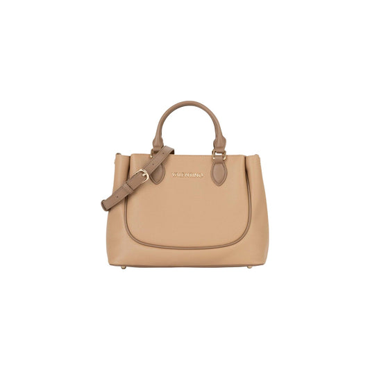 Valentino Bags Daphne RE Shopping Beige; 100% Poliuretano martellato. Doppi manici, tracolla regolabile, chiusura con cerniera. Dimensioni medie, stile 4 stagioni con logo dorato. Vista frontale 