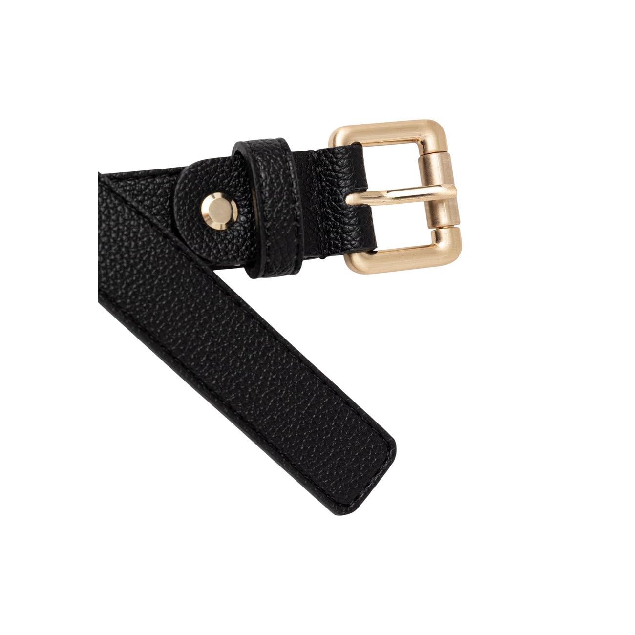 Cintura Nera Donna Valentino Bags Bloom; Tessuto 100% poliuretano effetto pelle con fibbia squadrata in metallo dorato. Passante con logo V istituzionale, stile elegante e versatile 4 stagioni. Dettaglio fibbia 