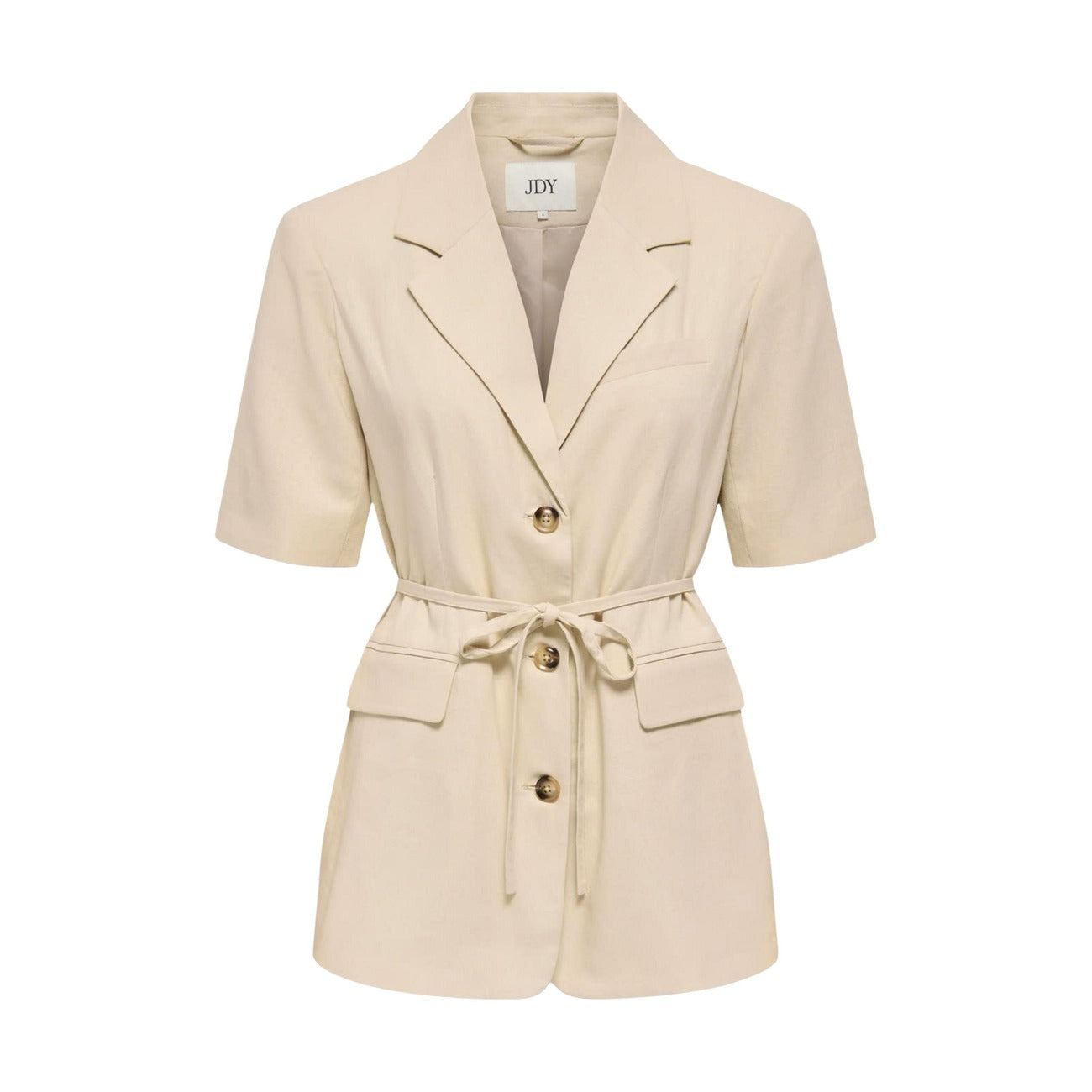 Blazer manica corta JDY; Beige. 75% Viscosa, 20% Lino. Cintura coordinata, tasche con patta, chiusura a bottoni. Stile elegante e leggero per la Primavera/Estate 2026. Vista stesa 