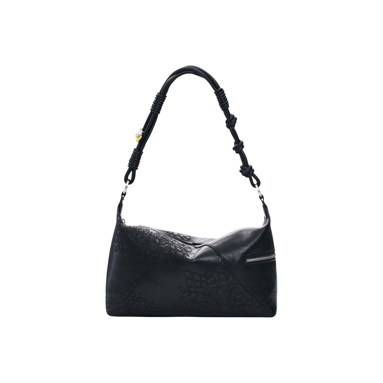 Borsa a mano in pelle nera con motivi floreali in rilievo, manico annodato e cerniera. Include dettagli ricamati, tasca esterna con zip e cinghie intercambiabili