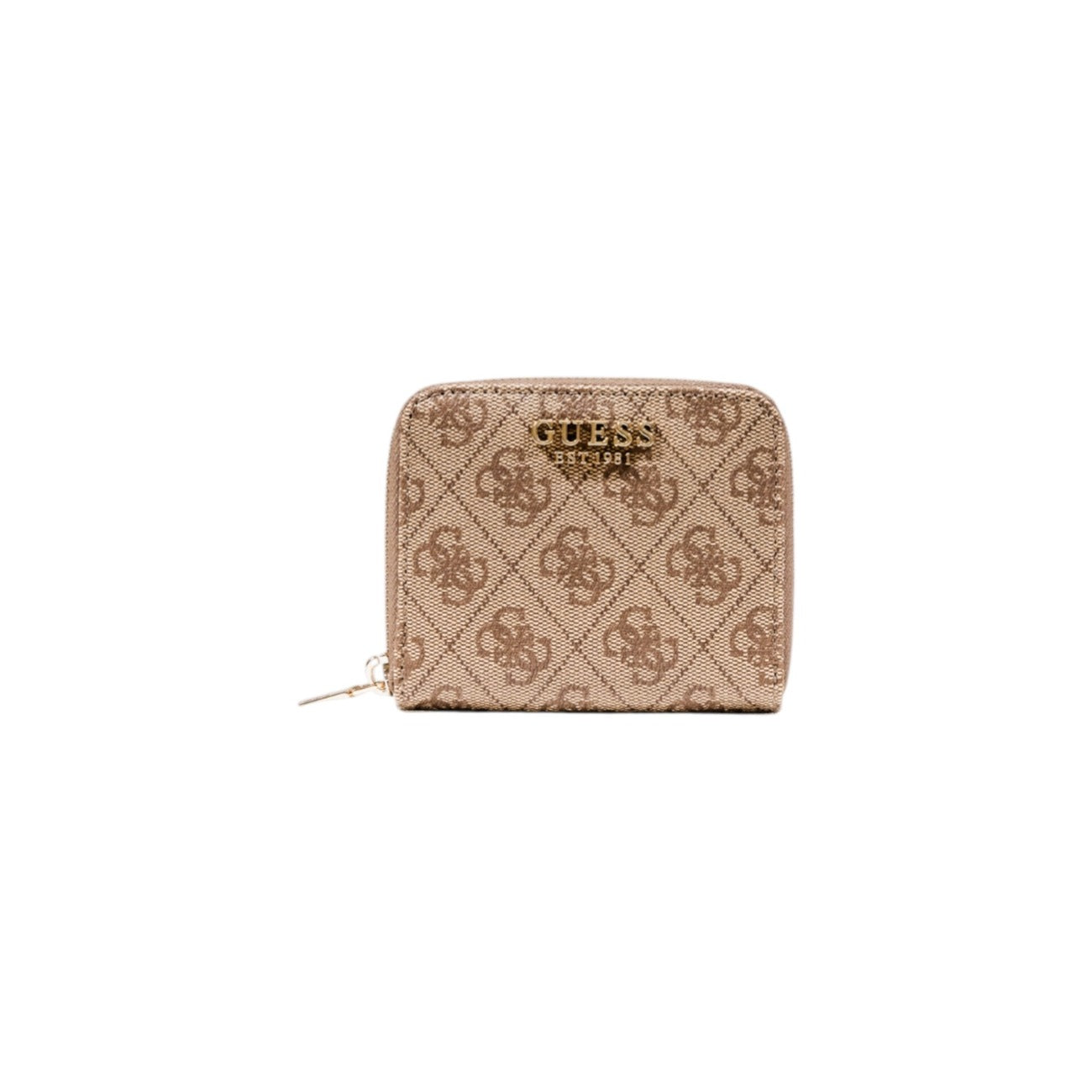 Guess Laurel II Small Wallet; portafoglio piccolo beige compatto con cerniera perimetrale, texture monogrammata e scomparti per carte e monete. Accessorio raffinato e funzionale. Vista frontale 