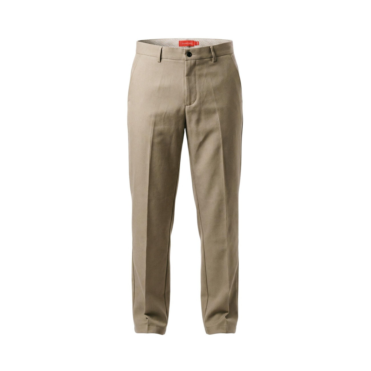 Pantaloni Slim Beige Gianni Lupo; Tessuto Stretch Premium. Piega centrale sartoriale, vestibilità aderente e flessibile. Eleganti, leggeri e resistenti. Il pantalone beige essenziale per la mezza stagione. Vista stesa frontale 