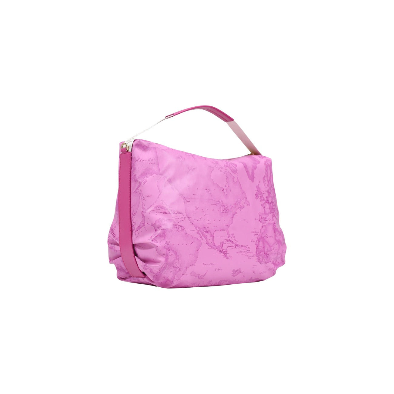 Maxi Borsa Geo Fucsia Alviero Martini; 58% Poliestere, 42% Poliuretano. Tracolla regolabile, finitura idrorepellente, ampio vano interno. Borsa donna a spalla spaziosa e leggera per ogni stagione. Vista posteriore 