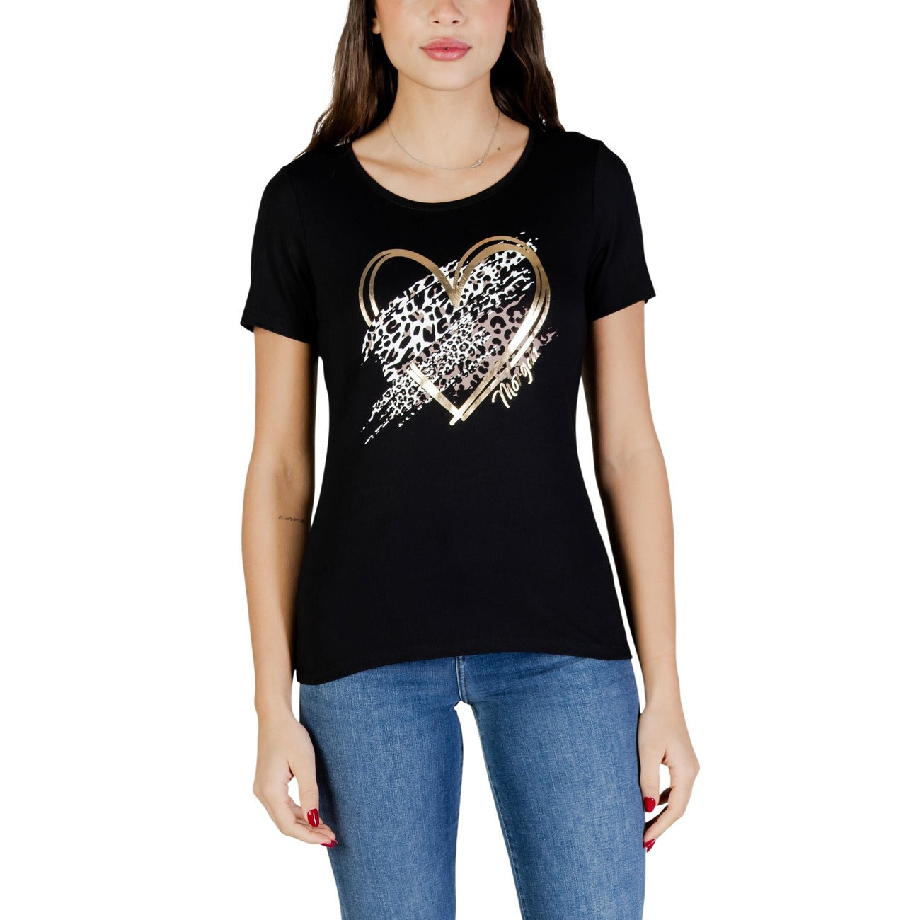 T-shirt Morgan De Toi donna nera con stampa cuore scollo tondo - vista frontale indossata da modello
