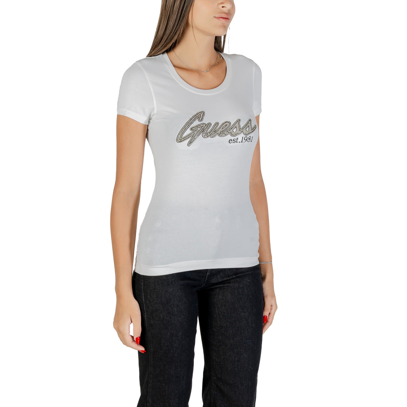 Guess T-Shirt Donna Bianca Strass Stampa Manica Corta Scollo Tondo 95% Cotone 5% Elastan Primavera/Estate W5YI16 J1314