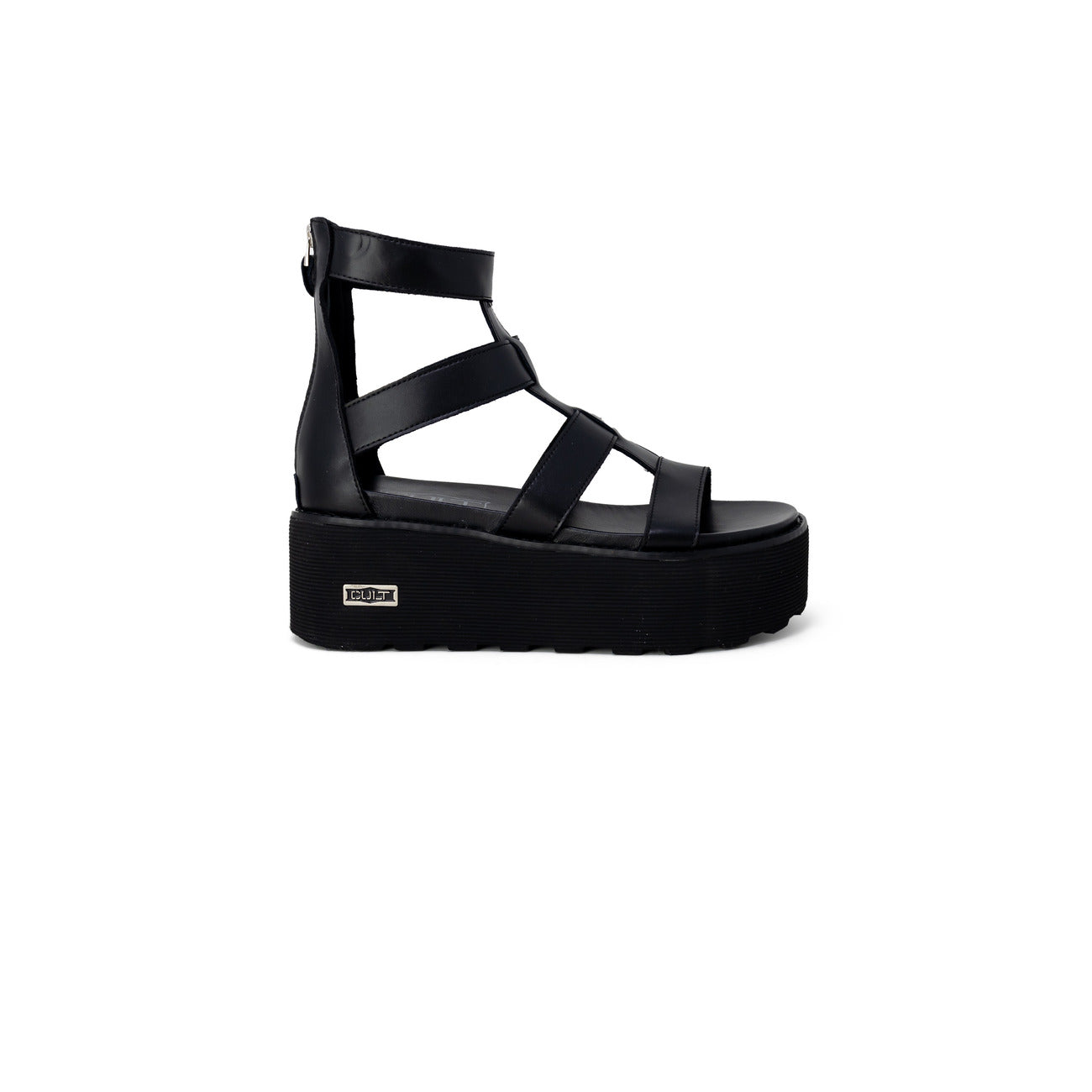 Sandali Platform Cult Nancy; Nero. Pelle e poliuretano, tacco 6 cm, suola dentellata. Chiusura con zip posteriore, logo metallico laterale. Stile grintoso e moderno. Vista laterale 