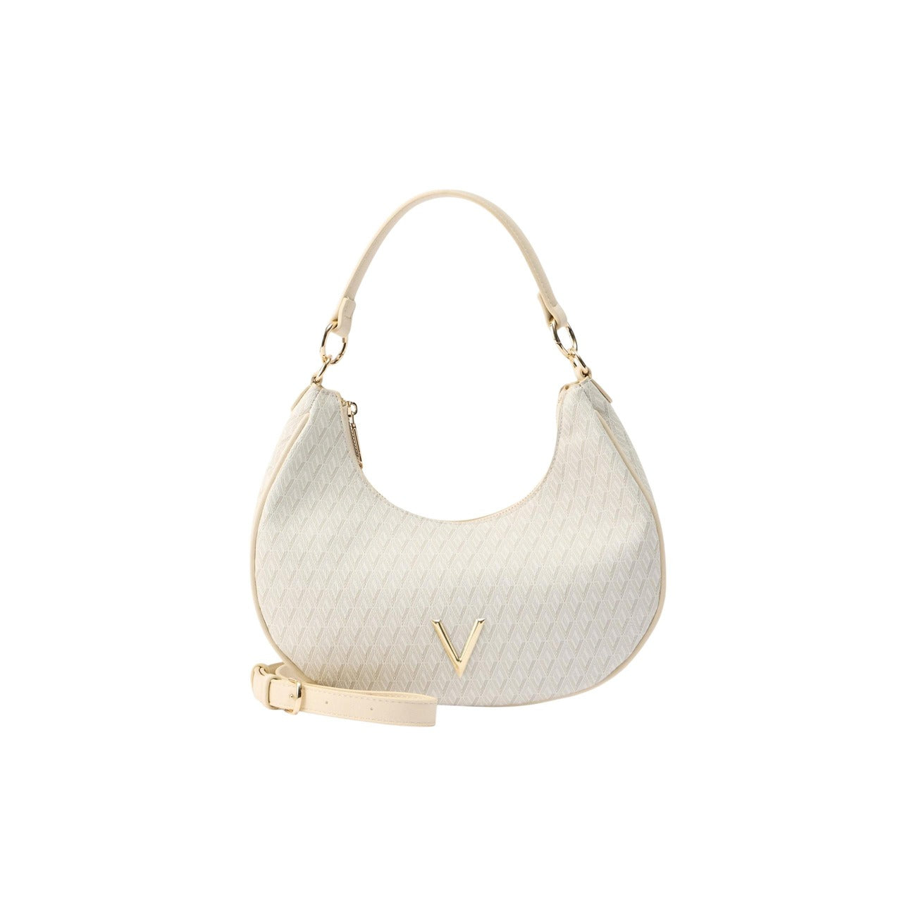 Valentino Bags Queen Re VBS9OX07, hobo bag trapuntata bianca beige con logo a V metallico; doppia portabilità (mano/spalla), chiusura sicura e design curvo in poliuretano di alta qualità. Vista frontale 