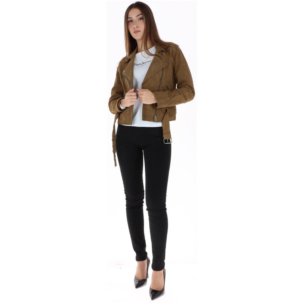Giacca biker camoscio donna Pepe Jeans – Chiodo in pelle scamosciata marrone PL4024531.