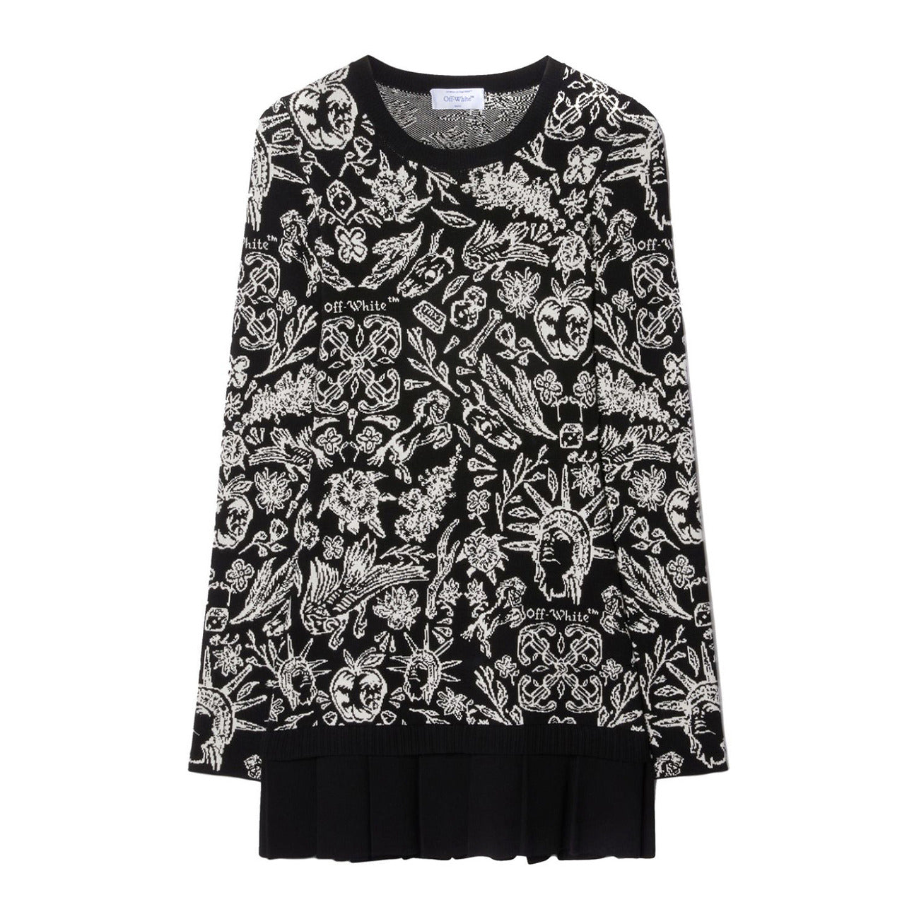 Off-White Abito Corto Donna Nero Stampa con Maniche Lunghe Scollo Tondo in Viscosa 68% Poliestere 32% EBO_2127