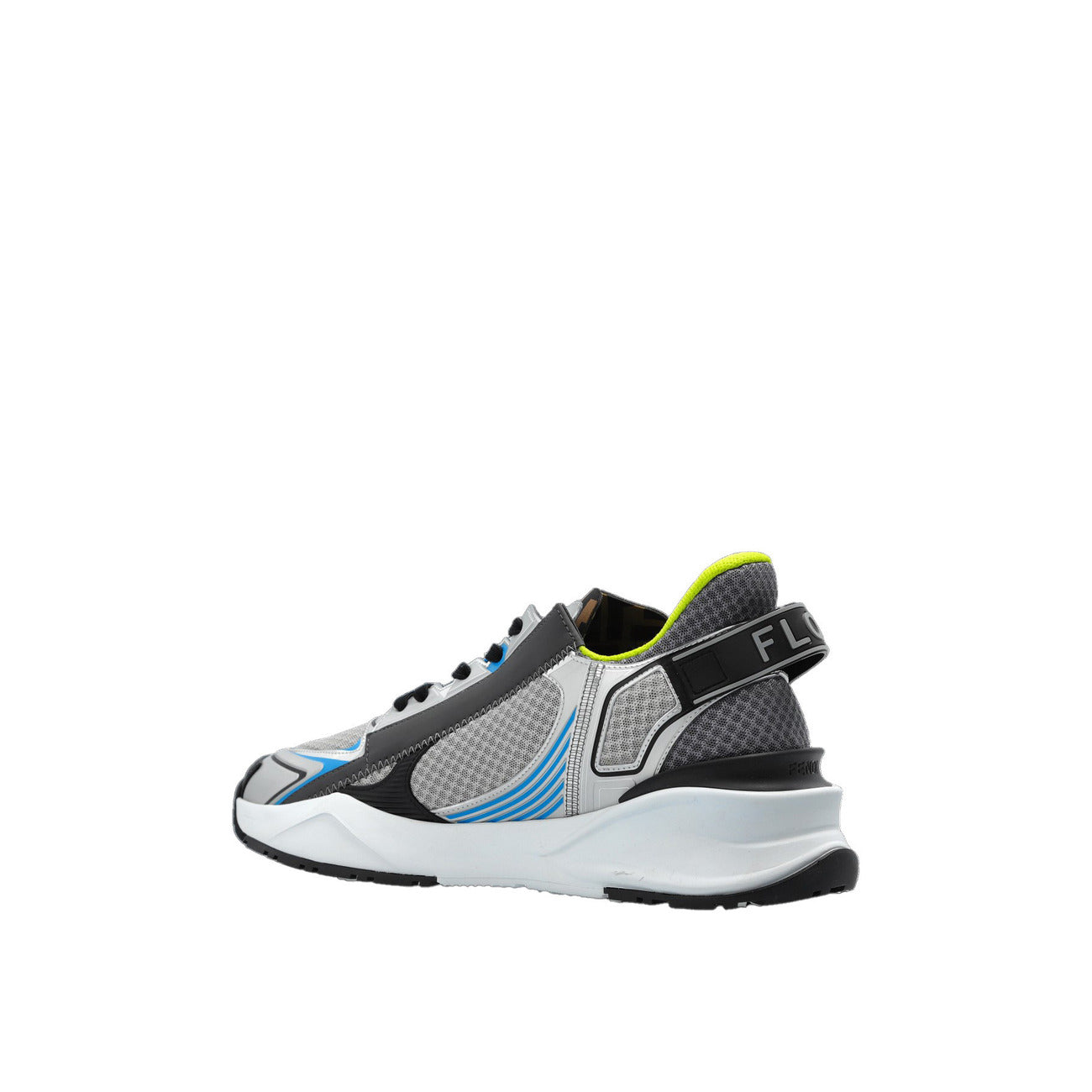 Sneakers Fendi Flow; Grigio/Fluo. Mesh tecnico, pelle e neoprene. Zip laterale logata, suola in gomma 3D, calzata ultraleggera. Eccellenza italiana, collezione Primavera/Estate. Vista laterale posteriore 