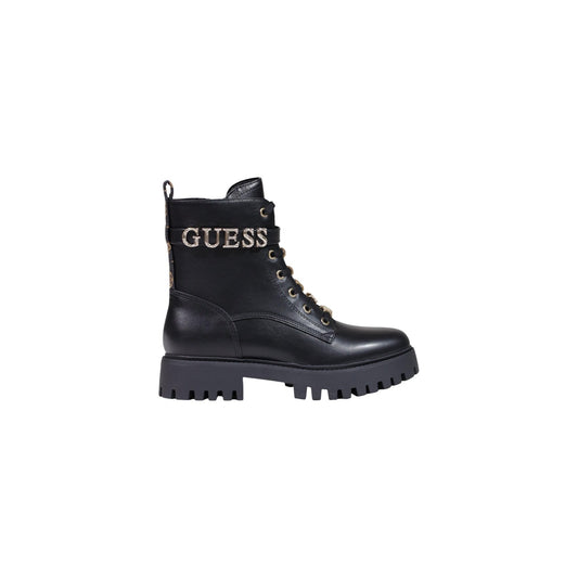 Anfibi Guess Ficki neri donna FLFFIC ELE10. Stivaletti stringati da donna neri effetto pelle con lacci gioiello, cinturino con logo Guess a rilievo, cerniera zip laterale e suola carrarmato antiscivolo tacco 4 cm, stivali casual autunno inverno.