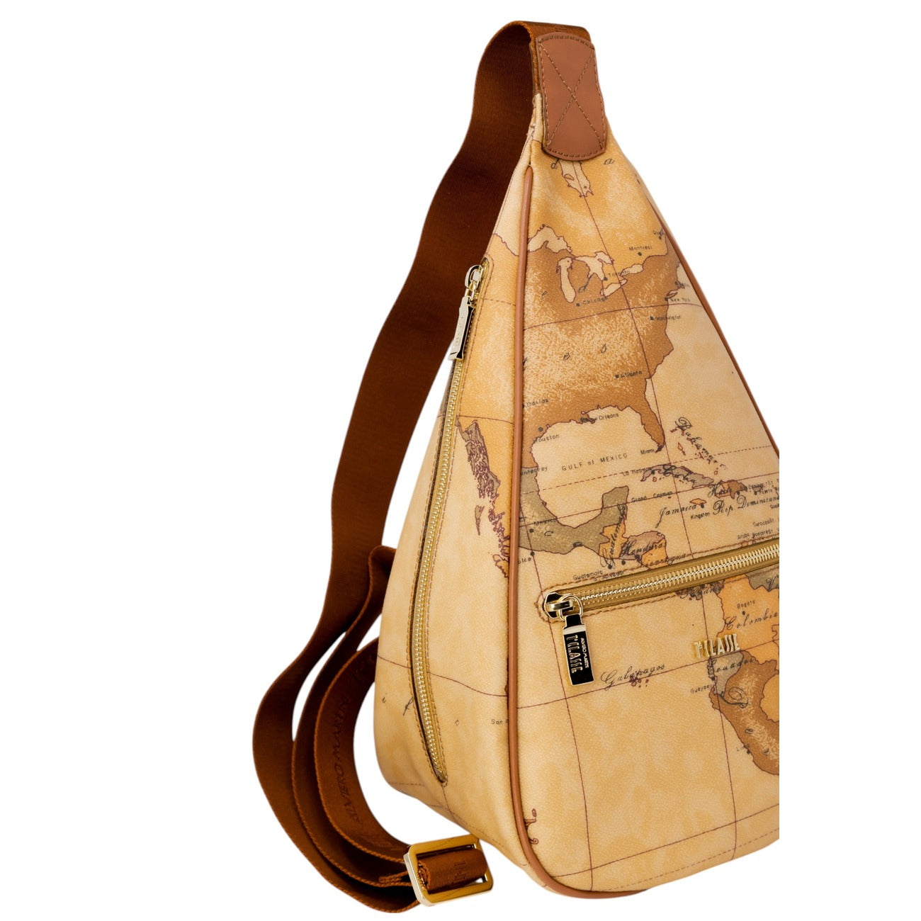 Zaino Monospalla Donna Alviero Martini Prima Classe; Marrone Geo Classic. Tessuto jacquard stampato con profili in pelle e zip oro. Tracolla singola regolabile, forma a goccia compatta e profonda (22x35 cm). Con tracolla 