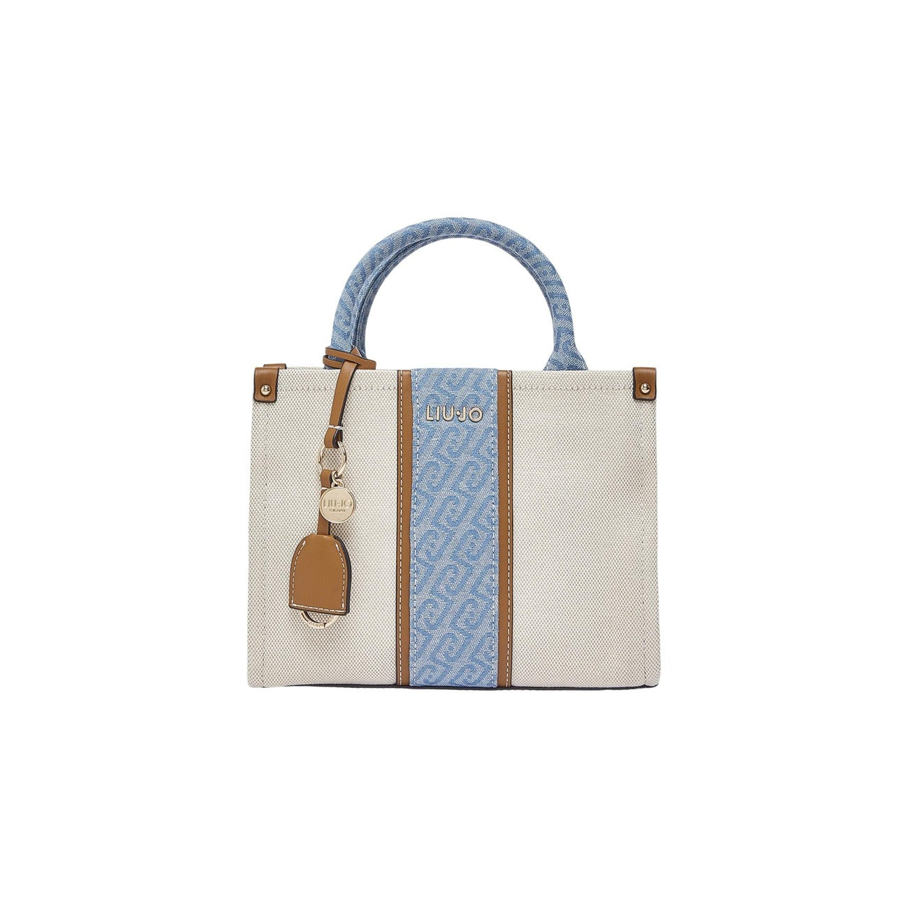 Borsa piccola Jacquard; chiusura zip, scomparto centrale, tracolla inclusa, charm rimovibile. L'eleganza compatta per ogni occasione. Vista frontale colore beige e denim azzurro