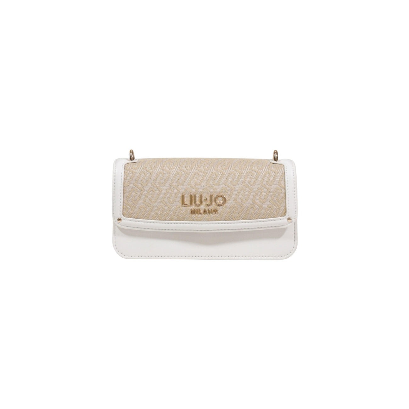 Borsa Liu Jo S Crossbody East/West; 100% Poliestere Beige. Logo in rilievo, hardware dorato, chiusura con zip. Mini bag donna versatile, leggera e raffinata. Vista frontale 