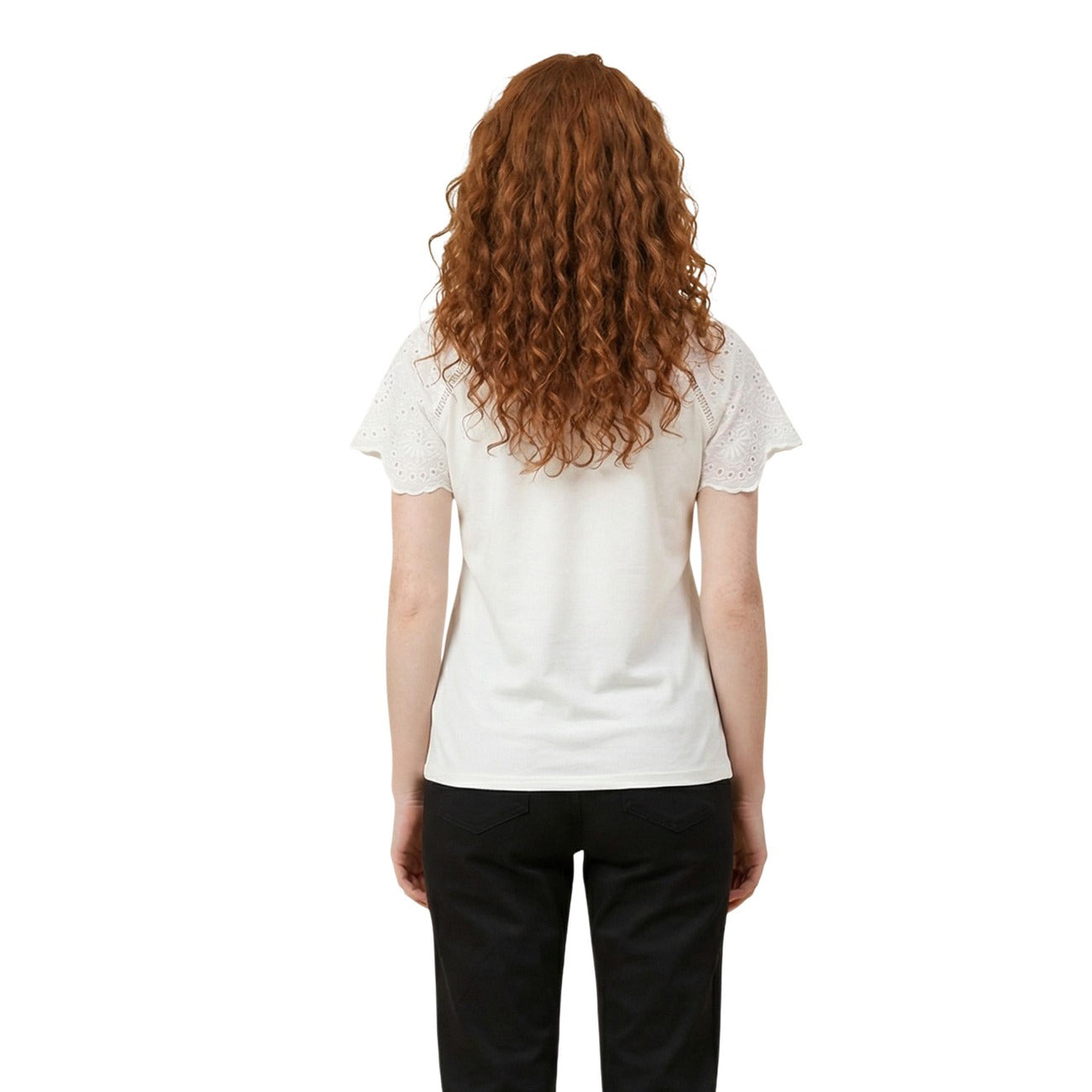 T-shirt Morgan De Toi Bianca; 100% Cotone. Maniche con ricamo traforato, scollo a V, vestibilità regolare. Stile romantico-casual, ideale per la stagione Primavera/Estate. Vista posteriore 