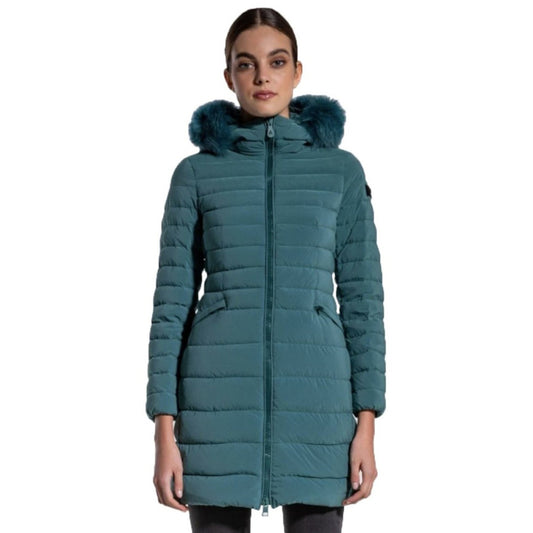 Piumino Peuterey donna turchese BO_1400 con vera pelliccia. Giubbotto invernale sciancrato idrorepellente in piuma d'oca con cappuccio e bordo in pelliccia di volpe, trapuntatura sagomata e zip a 2 vie, abbigliamento donna autunno inverno
