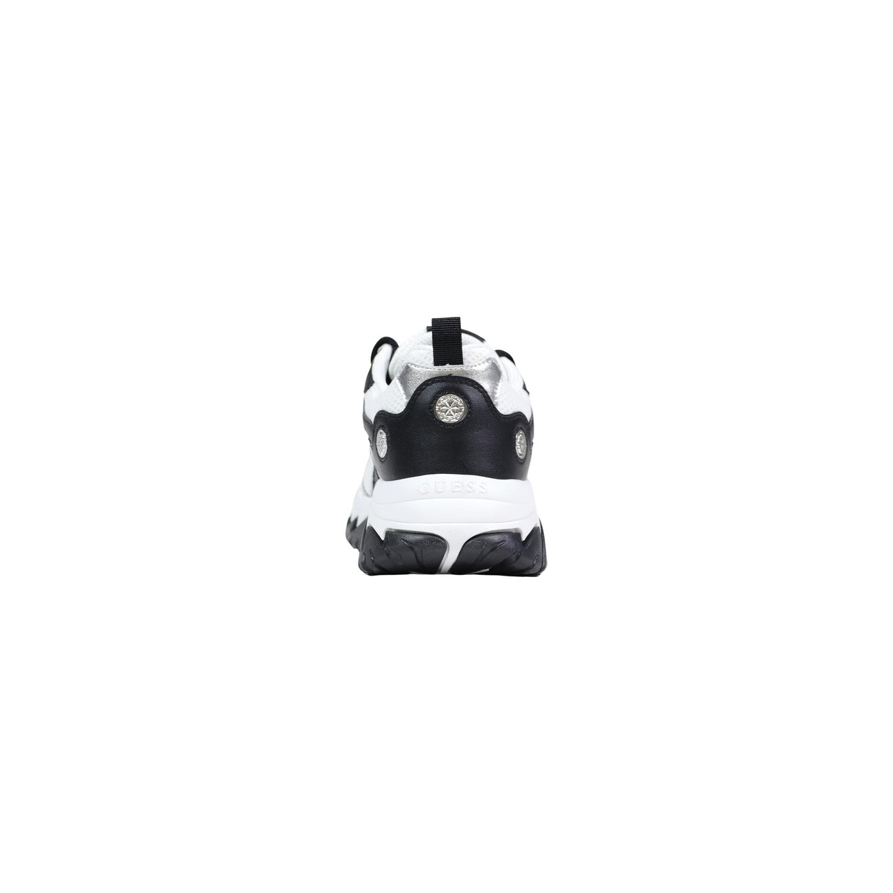 Sneakers Guess NOTISS Chunky; 52% Poliuretano, 48% Poliestere. Colore Nero e bianco, tacco 5 cm, suola sagomata. Sneakers donna robuste e leggere, ideali per tutte le stagioni. Vista posteriore 