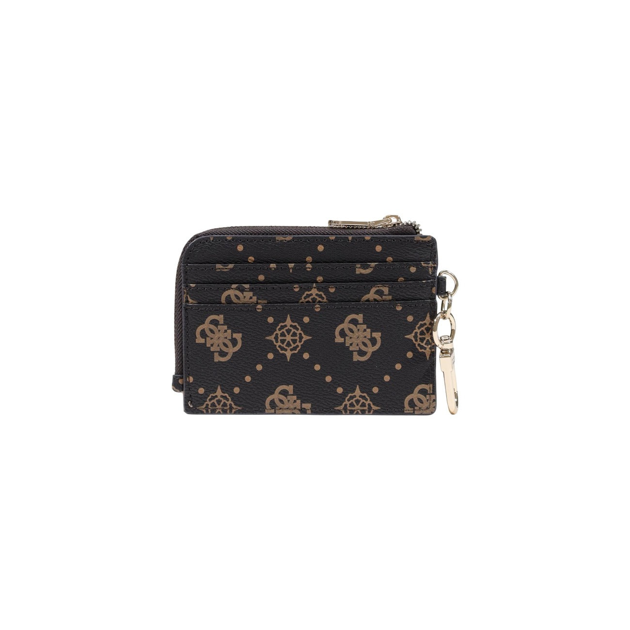 Portafoglio Portachiavi Marrone Guess; Dimensioni 13x10x0.5 cm. Realizzato in 100% poliuretano effetto pelle con motivo a loghi e pois. Chiusura con zip, tasche interne, gancio esterno e dettagli oro. Vista posteriore 