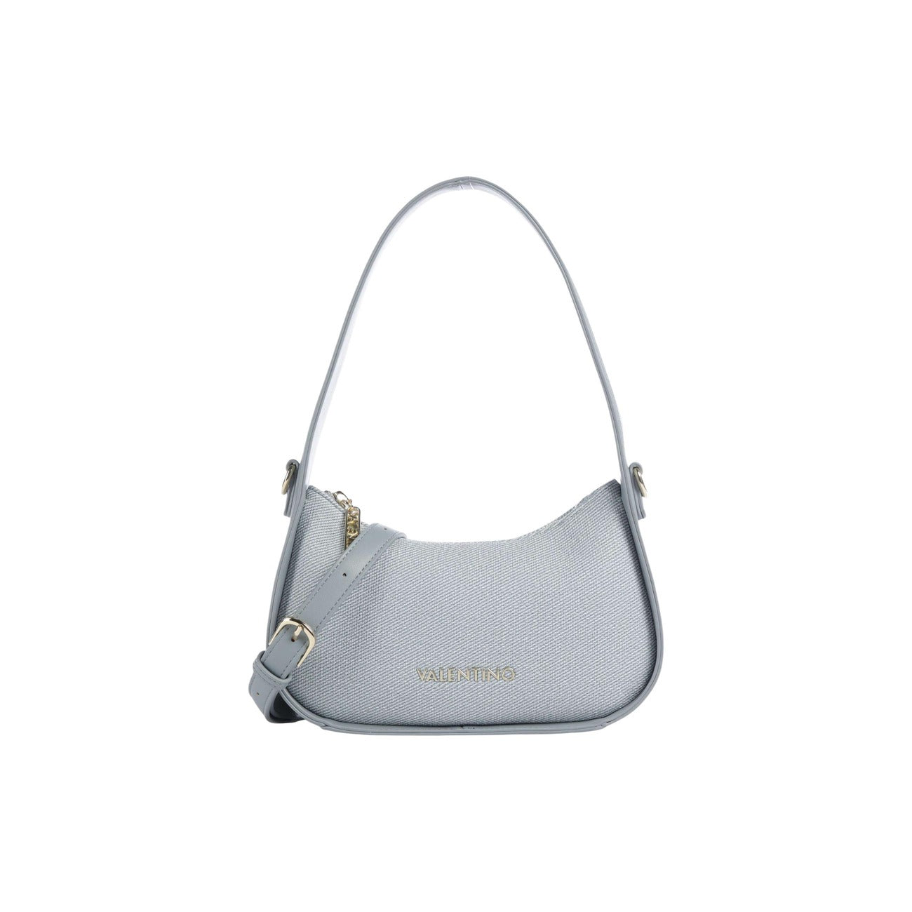 Borsa Baguette Piccola Blu Donna Valentino Bags Atena; Misure 6x15x6 cm. Tessuto 100% cotone con manico superiore regolabile e tracolla rimovibile. Chiusura superiore con cerniera oro lucida, stile elegante e primaverile. Vista frontale 