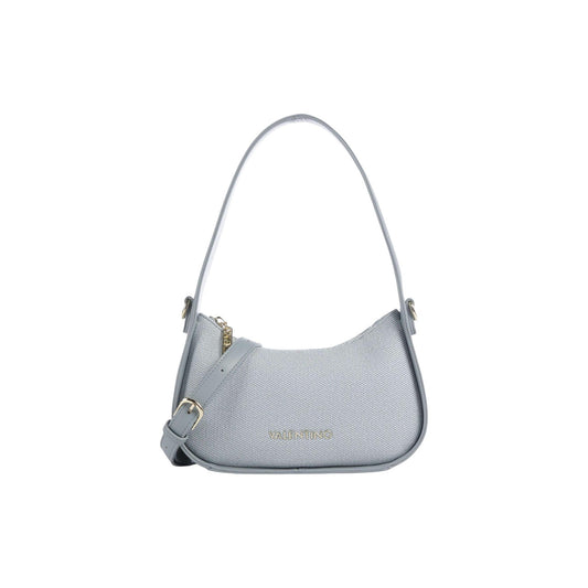Borsa Baguette Piccola Blu Donna Valentino Bags Atena; Misure 6x15x6 cm. Tessuto 100% cotone con manico superiore regolabile e tracolla rimovibile. Chiusura superiore con cerniera oro lucida, stile elegante e primaverile. Vista frontale 