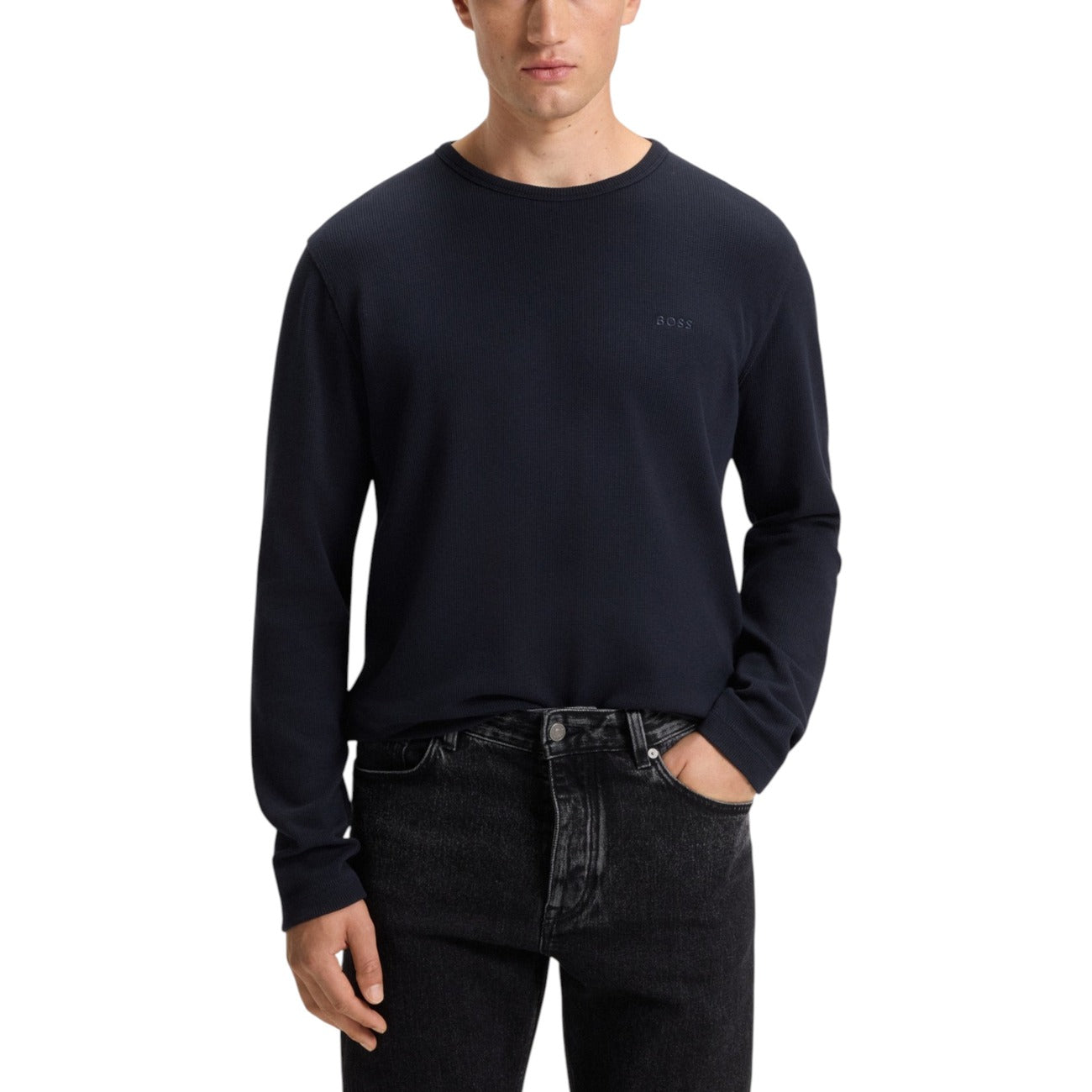 Boss Maglia Uomo Blu Maniche Lunghe - Maglia Cotone Elastan Scollo Tondo