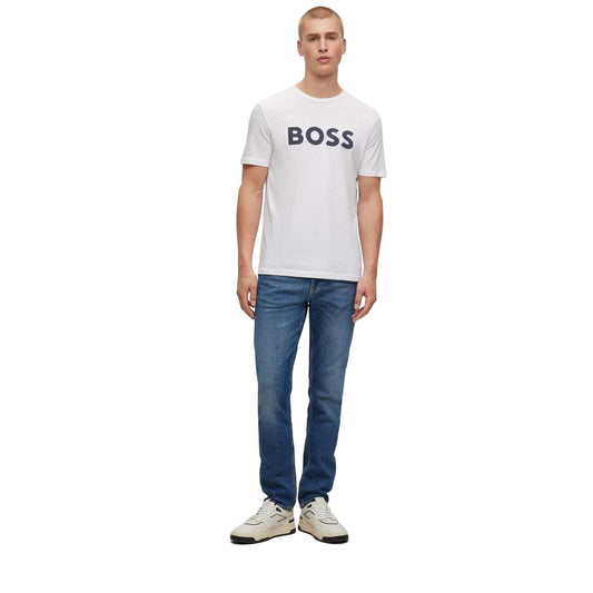 T-shirt Boss in jersey di cotone con grande logo stampato uomo bianca maniche corte scollo tondo 100% cotone - vista frontale indossata da modello