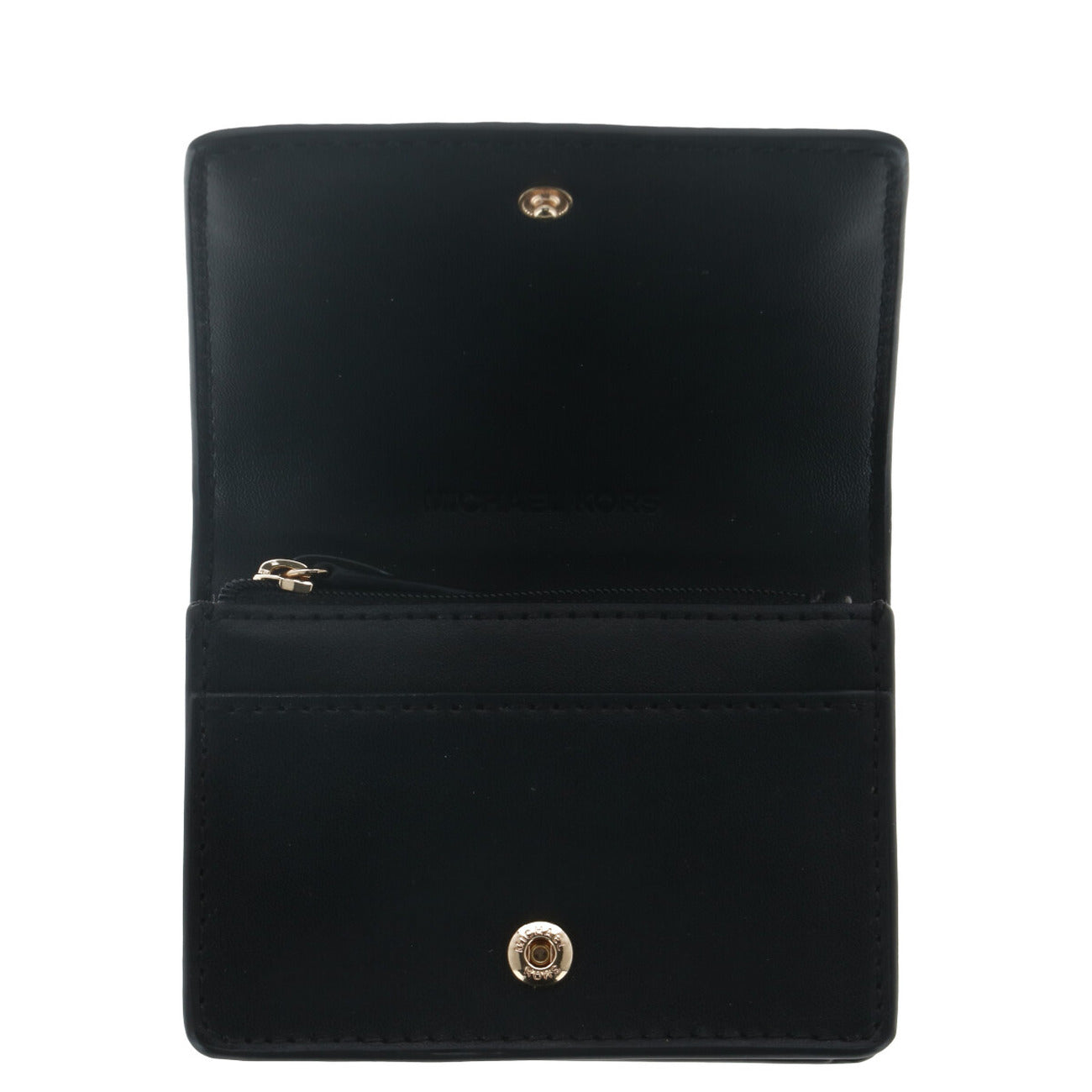 Michael Kors Portafoglio nero piccolo 10.5X8X3.5 cm Donna. Bottone automatico con scomparti interni vista frontale Aperto