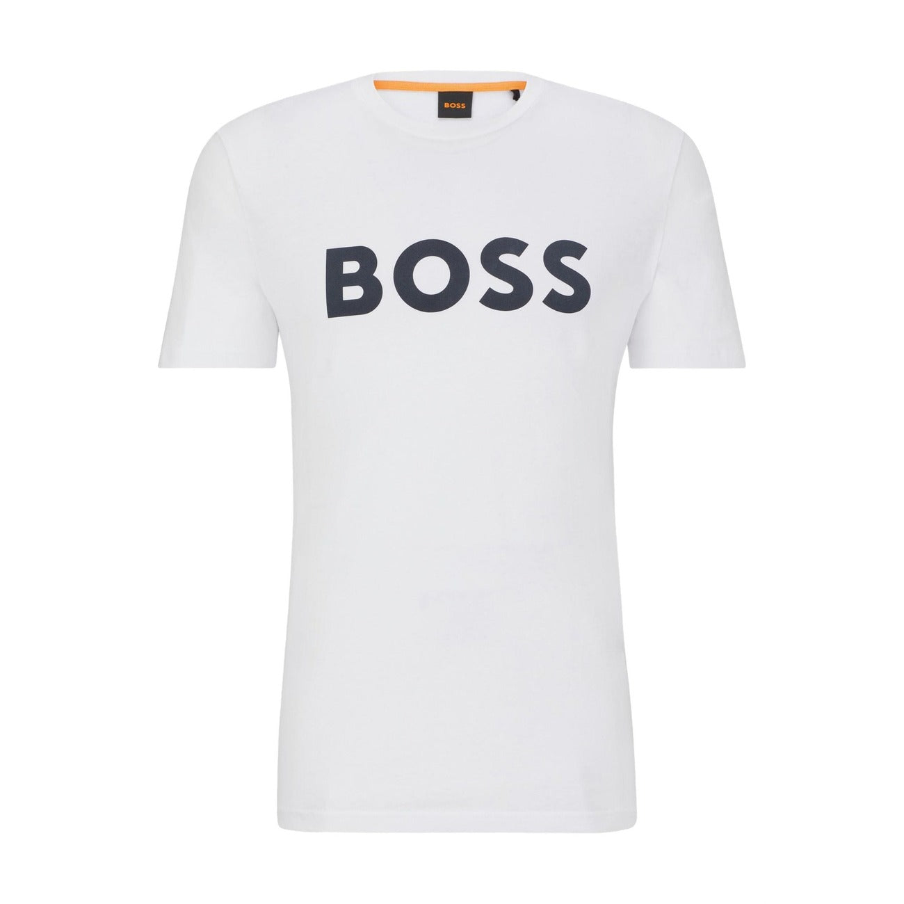 T-shirt Boss in jersey di cotone con grande logo stampato uomo bianca maniche corte scollo tondo 100% cotone - vista frontale stesa