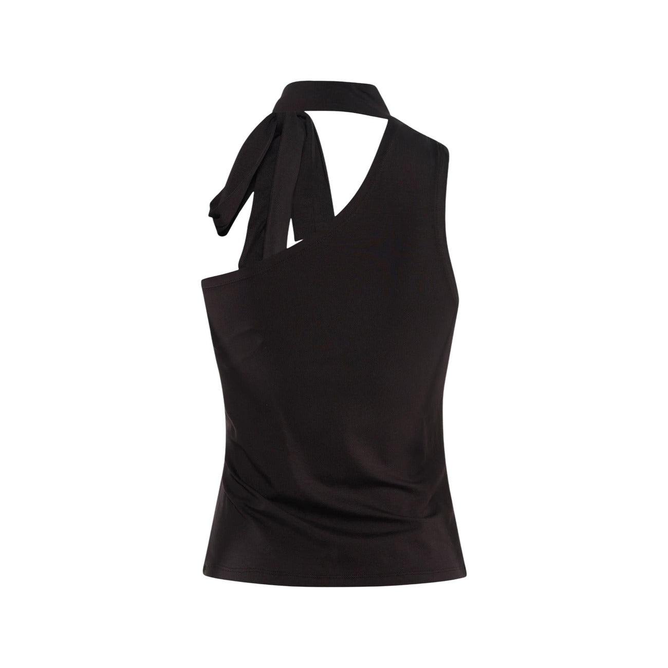 Canotta monospalla da donna marrone firmata Jacqueline de Yong (JDY) in tessuto ecologico leggero, caratterizzata da un elegante scollo asimmetrico e un foulard coordinato da annodare al collo.