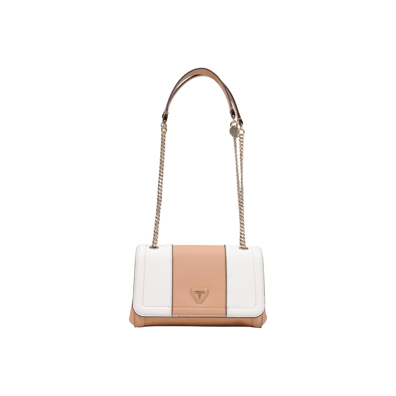Borsa Crossbody Bianca Donna Guess Noelle II; Misure 23x16x8 cm. Tessuto 100% bianco/rosa, chiusura con patta e tracolla a catena convertibile. Logo frontale in rilievo, stile elegante e casual 4 stagioni.