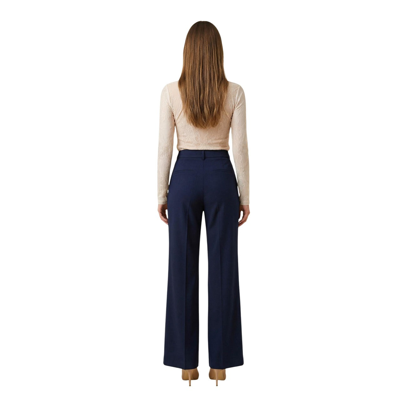 Pantalone I AM Wide Leg; 88% Poliestere, 12% Elastan. Blu Navy, piega centrale, chiusura zip/gancio. Pantaloni donna eleganti e traspiranti, Made in Italy. Vista posteriore 