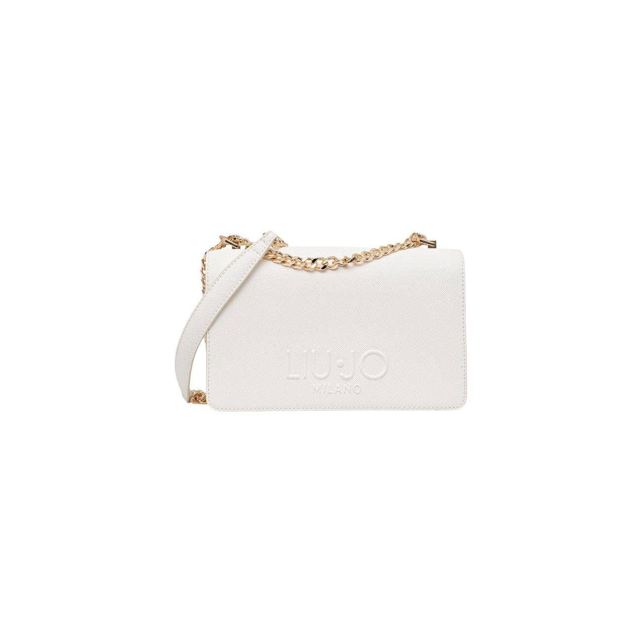 Liu Jo ECS M Crossbody bianca; borsa a spalla con hardware dorato, interno organizzato e finitura in poliuretano di alta qualità, stile chic e versatile per la mezza stagione. Vista frontale 