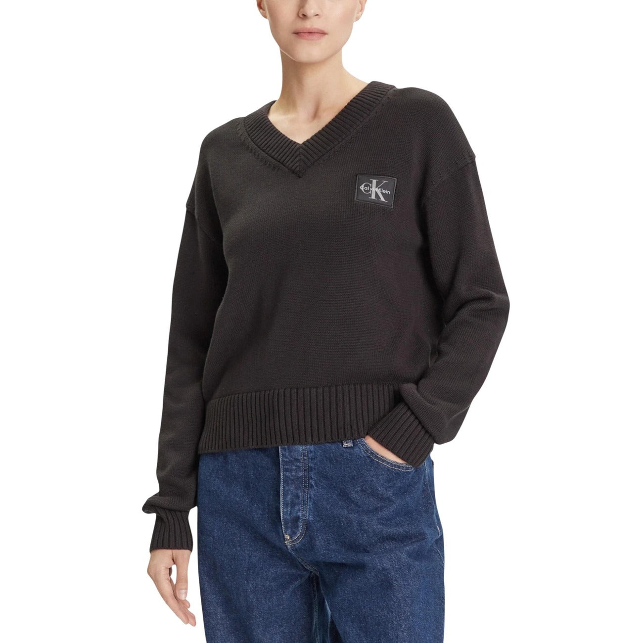 Calvin Klein Jeans Maglia Donna Nera in Cotone 100% a Manica Lunga con Scollo a V LV047D352G