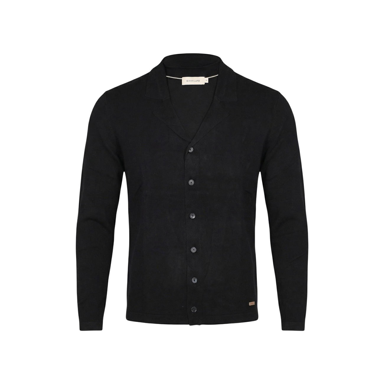 Gianni Lupo Cardigan nero Rever; maglieria in viscosa elasticizzata, chiusura frontale classica e stile raffinato, perfetto per la mezza stagione e outfit da ufficio o tempo libero. Vista frontale stesa 