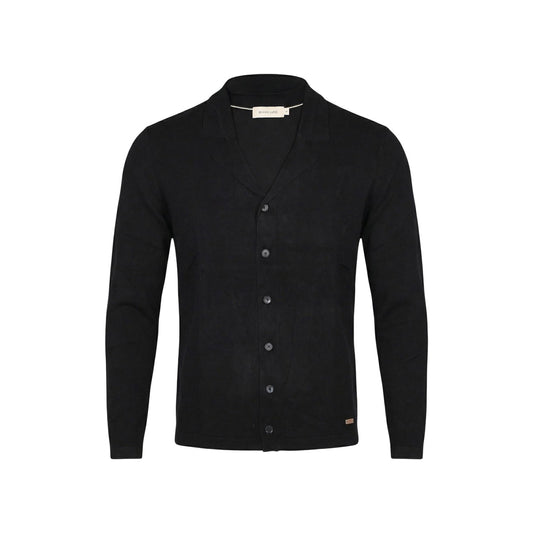 Gianni Lupo Cardigan nero Rever; maglieria in viscosa elasticizzata, chiusura frontale classica e stile raffinato, perfetto per la mezza stagione e outfit da ufficio o tempo libero. Vista frontale stesa 