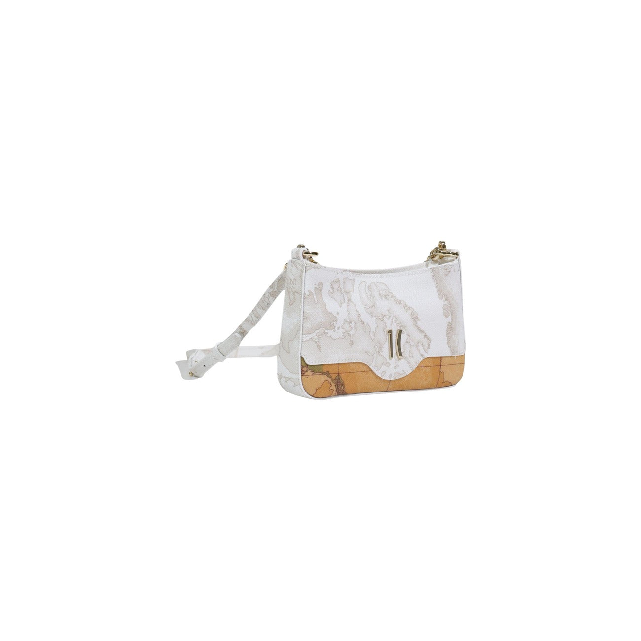 Pochette Alviero Martini 1ᴬ Classe; Mix Geo White/Classic. Metalleria oro chiaro, manico a catena e tracolla rimovibile. Interno organizzato con portatessere. Ideale per look da cerimonia e serate eleganti. Vista laterale 