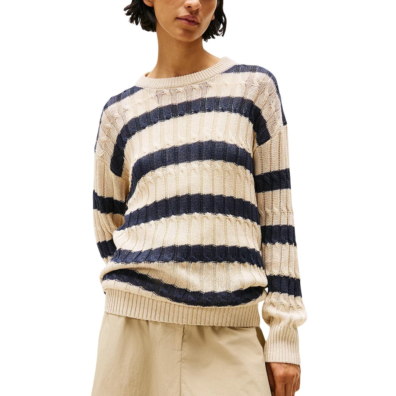 Tommy Hilfiger Maglia Donna Beige Righe Cerniera Maniche Lunghe Scollo Tondo Lino 90% Poliammide 10% Autunno Inverno WW0WW44481