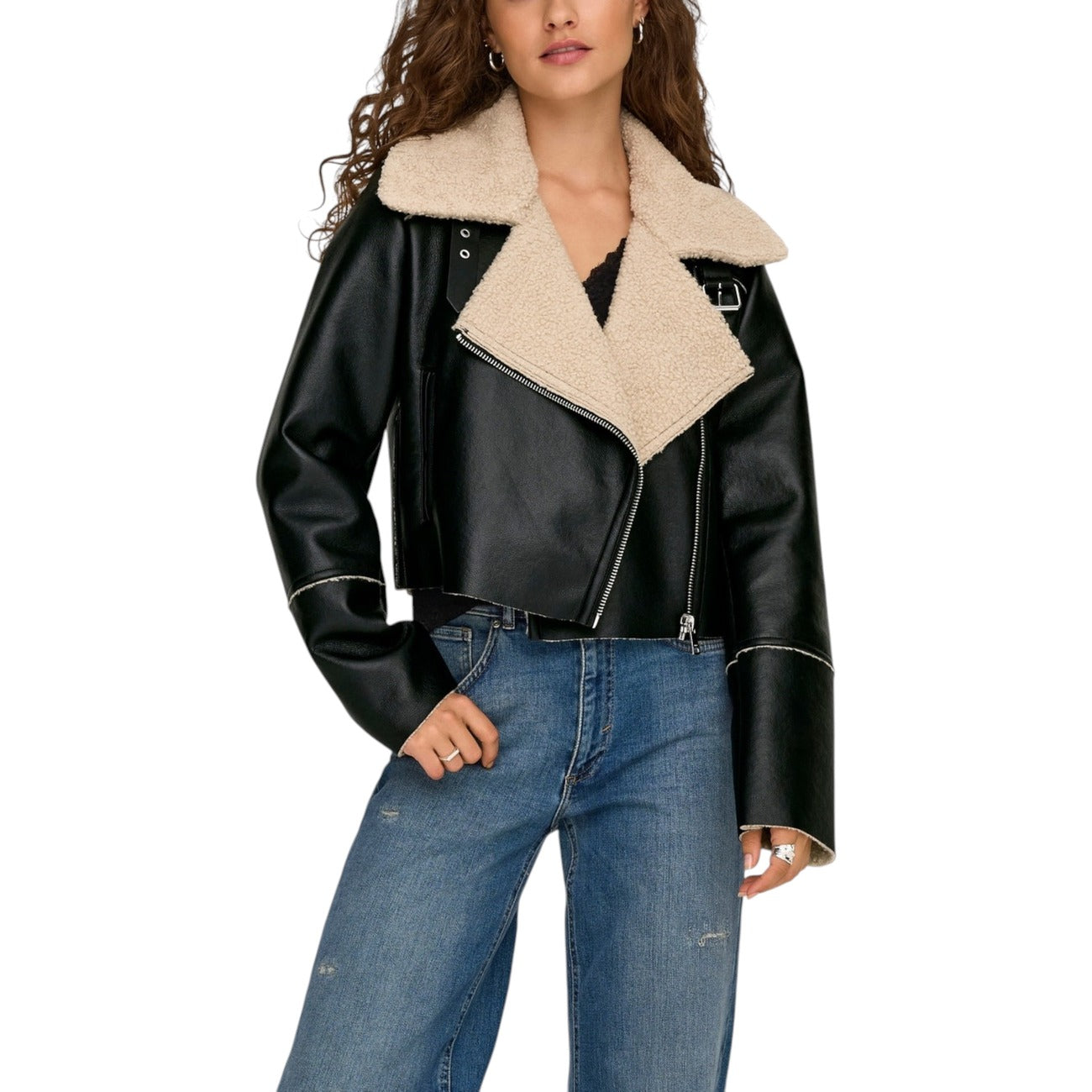 Only Giacca Donna Nera con Cerniera Maniche Lunghe Scollo V Bavero Tasche Anteriori - Giacca Poliestere